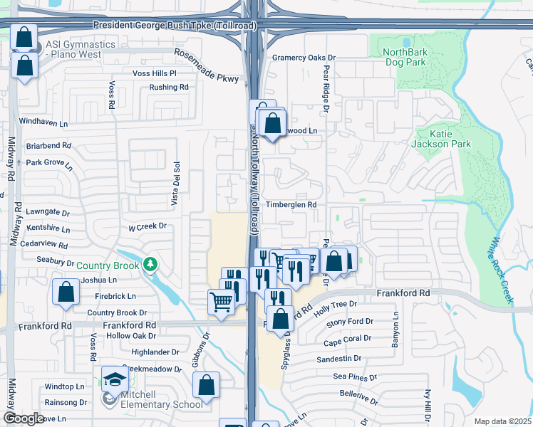 map of restaurants, bars, coffee shops, grocery stores, and more near 18600 Dallas Parkway in Dallas