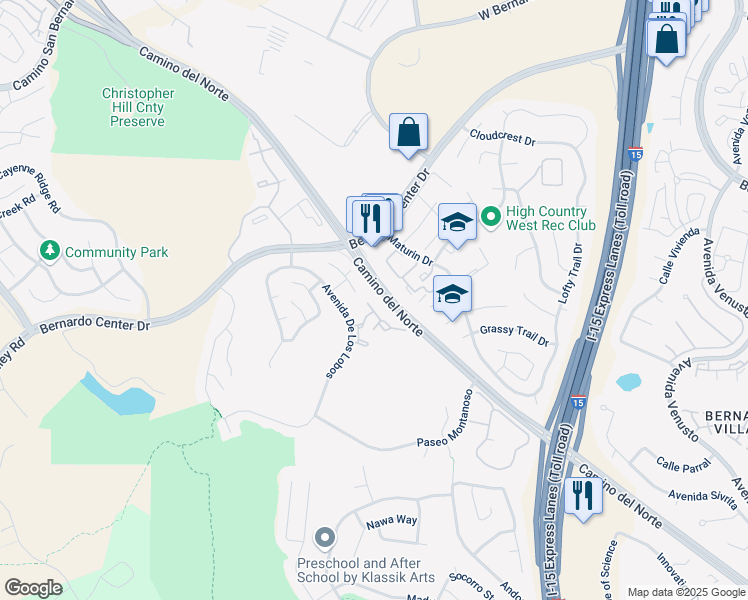 map of restaurants, bars, coffee shops, grocery stores, and more near 11271 Avenida De Los Lobos in San Diego