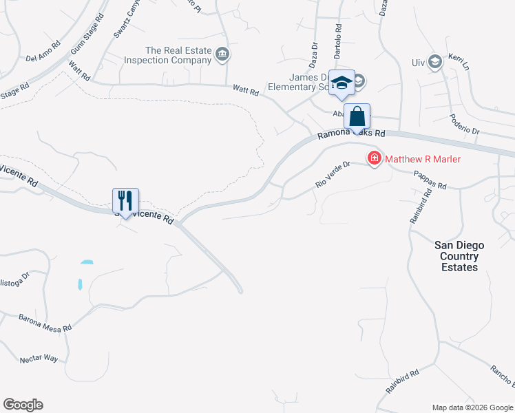 map of restaurants, bars, coffee shops, grocery stores, and more near 24602 Pappas Road in Ramona