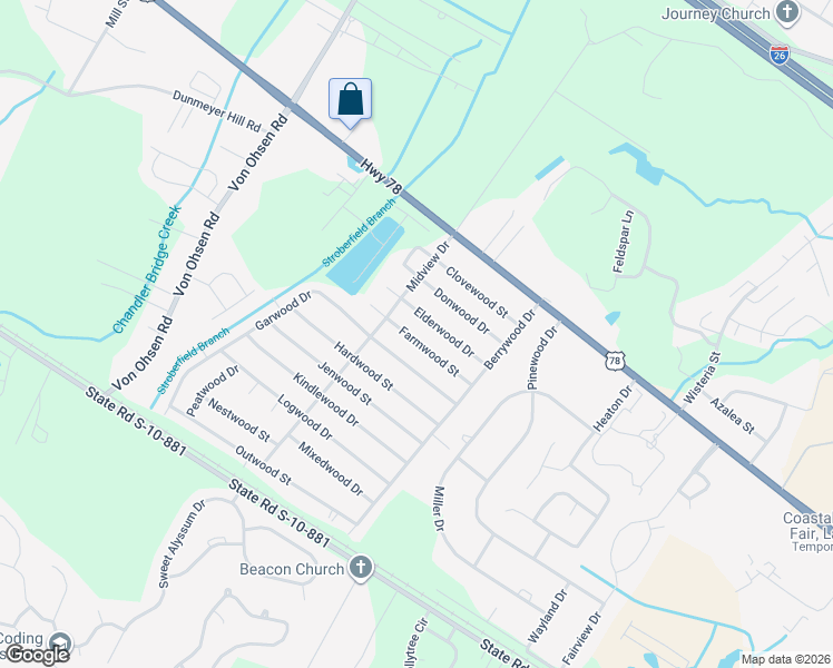 map of restaurants, bars, coffee shops, grocery stores, and more near 4442 Farmwood Street in Ladson