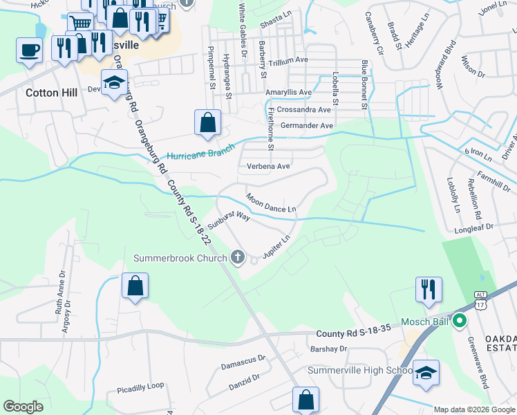 map of restaurants, bars, coffee shops, grocery stores, and more near 239 Moon Dance Lane in Summerville