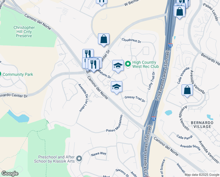 map of restaurants, bars, coffee shops, grocery stores, and more near 11240 Silver Buckle Way in San Diego