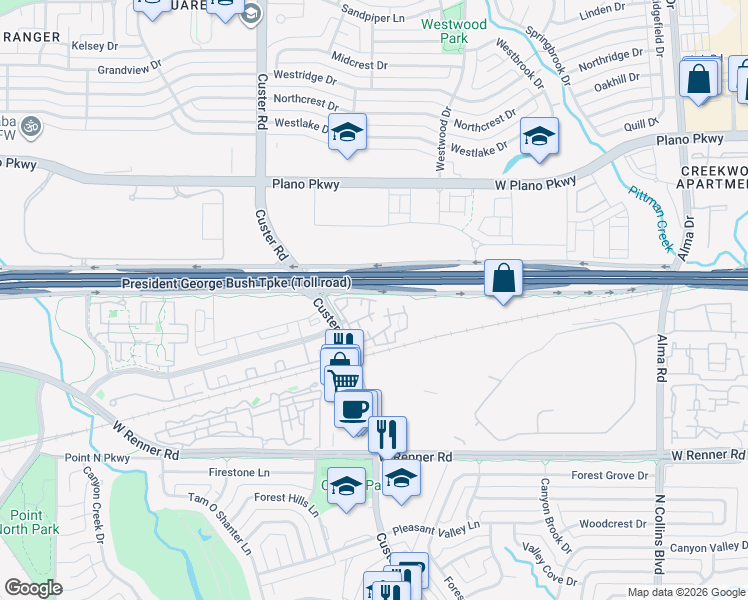 map of restaurants, bars, coffee shops, grocery stores, and more near 3650 Custer Parkway in Richardson
