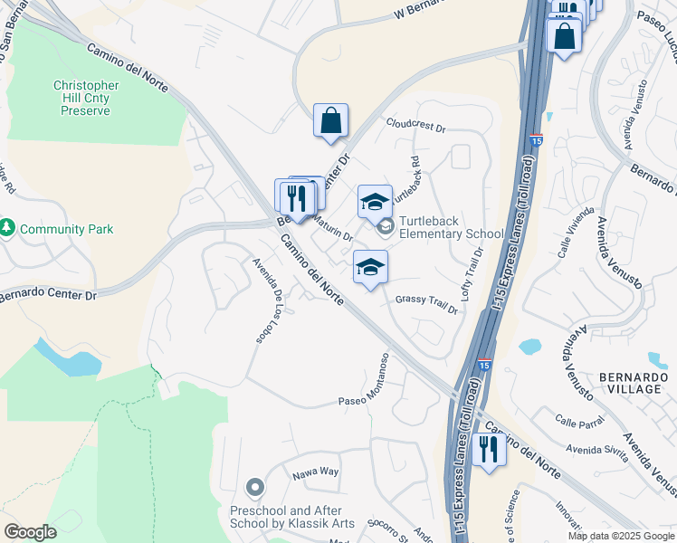 map of restaurants, bars, coffee shops, grocery stores, and more near 15373 Maturin Drive in San Diego