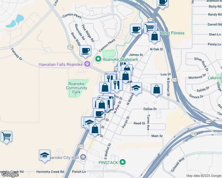 map of restaurants, bars, coffee shops, grocery stores, and more near 104 Houston Street in Roanoke