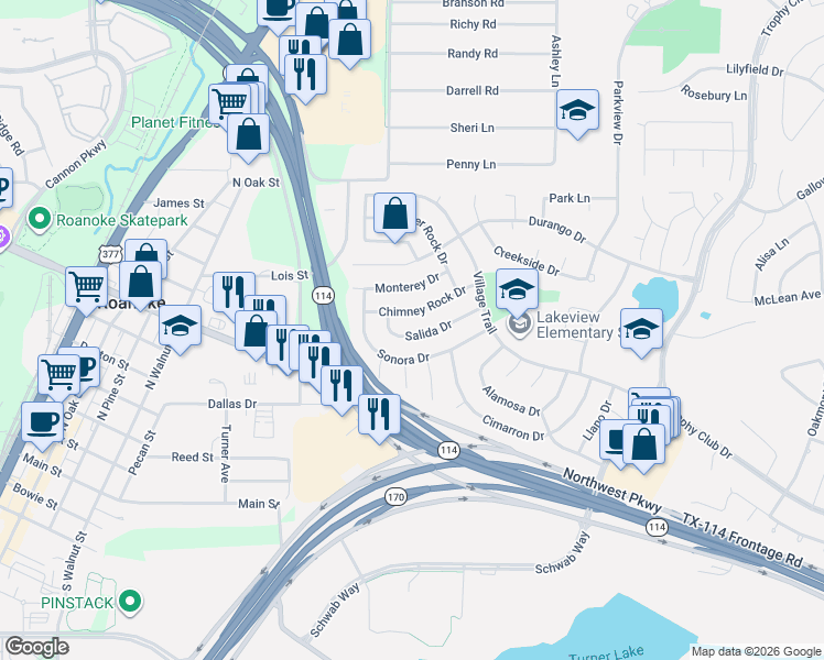 map of restaurants, bars, coffee shops, grocery stores, and more near 26 Salida Drive in Trophy Club
