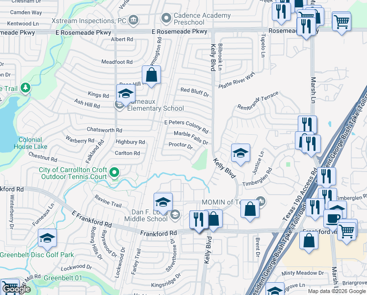 map of restaurants, bars, coffee shops, grocery stores, and more near 2214 Proctor Drive in Carrollton