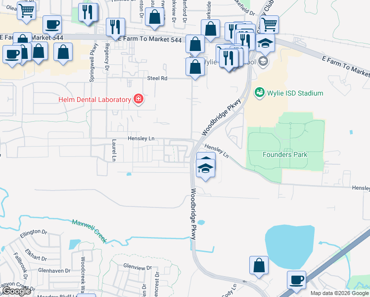 map of restaurants, bars, coffee shops, grocery stores, and more near 2711 Applewood Way in Wylie