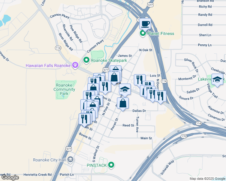 map of restaurants, bars, coffee shops, grocery stores, and more near 207 Houston Street in Roanoke