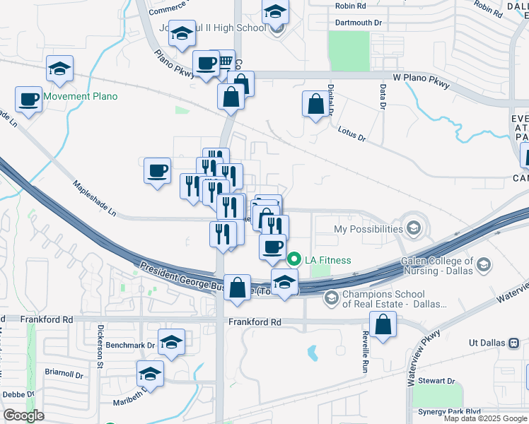 map of restaurants, bars, coffee shops, grocery stores, and more near 3890 Mapleshade Lane in Plano