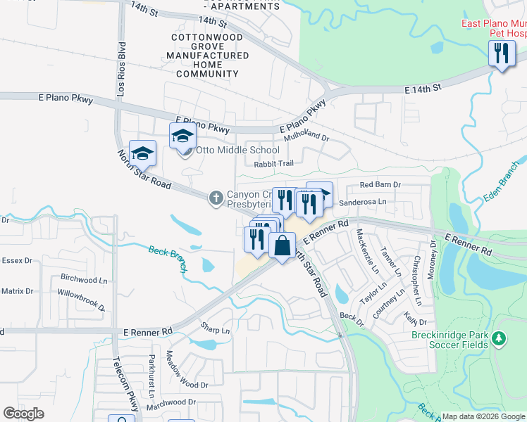 map of restaurants, bars, coffee shops, grocery stores, and more near Hattington Lane in Richardson