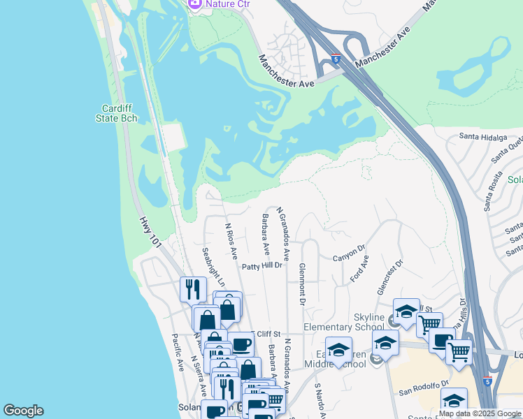 map of restaurants, bars, coffee shops, grocery stores, and more near 779 Barbara Avenue in Solana Beach