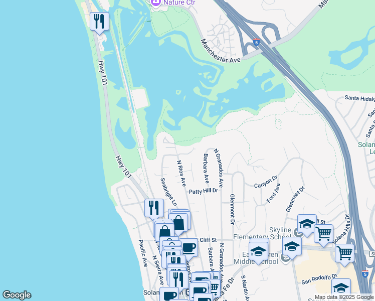 map of restaurants, bars, coffee shops, grocery stores, and more near 206 Gibson Point in Solana Beach