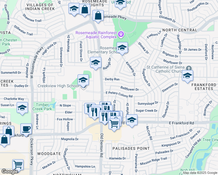 map of restaurants, bars, coffee shops, grocery stores, and more near 1004 Bellflower Court in Carrollton