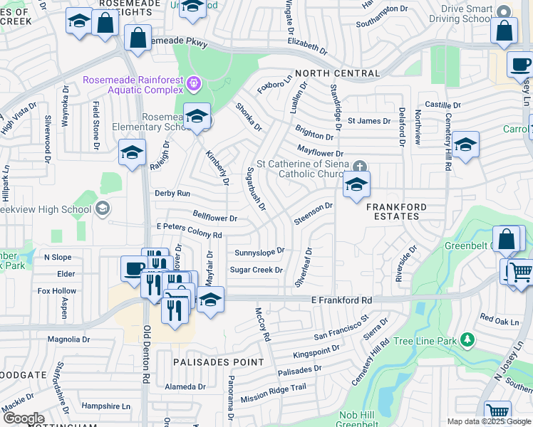 map of restaurants, bars, coffee shops, grocery stores, and more near 3203 Sugarbush Dr in Carrollton