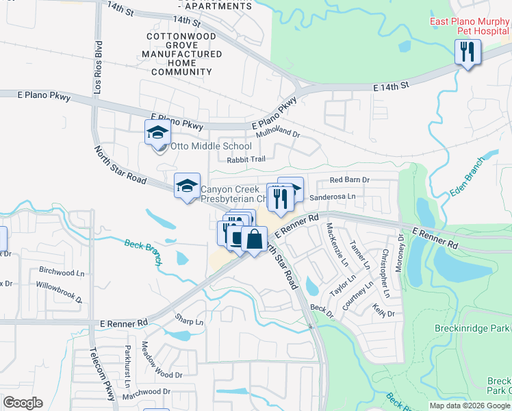 map of restaurants, bars, coffee shops, grocery stores, and more near 4204 Maycraft Drive in Richardson