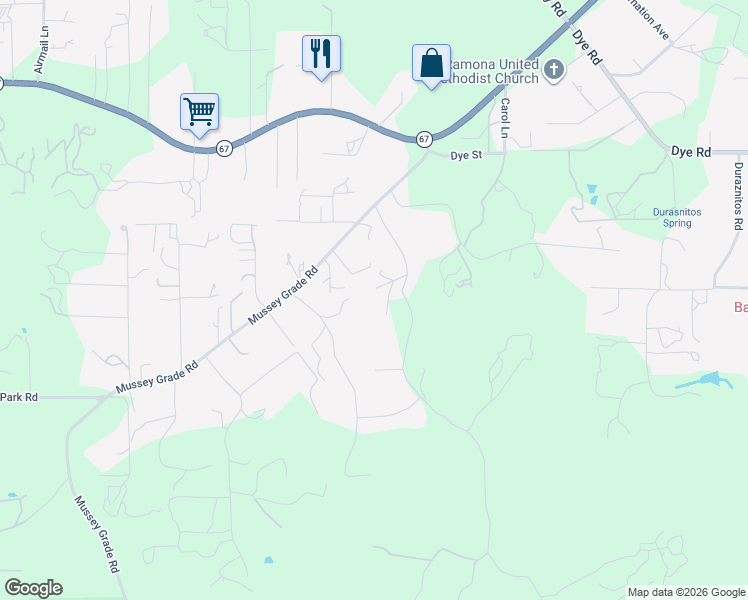 map of restaurants, bars, coffee shops, grocery stores, and more near 15770 Oak Valley Road in Ramona