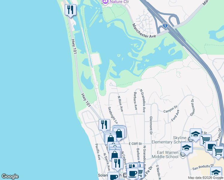 map of restaurants, bars, coffee shops, grocery stores, and more near 867 Seabright Lane in Solana Beach