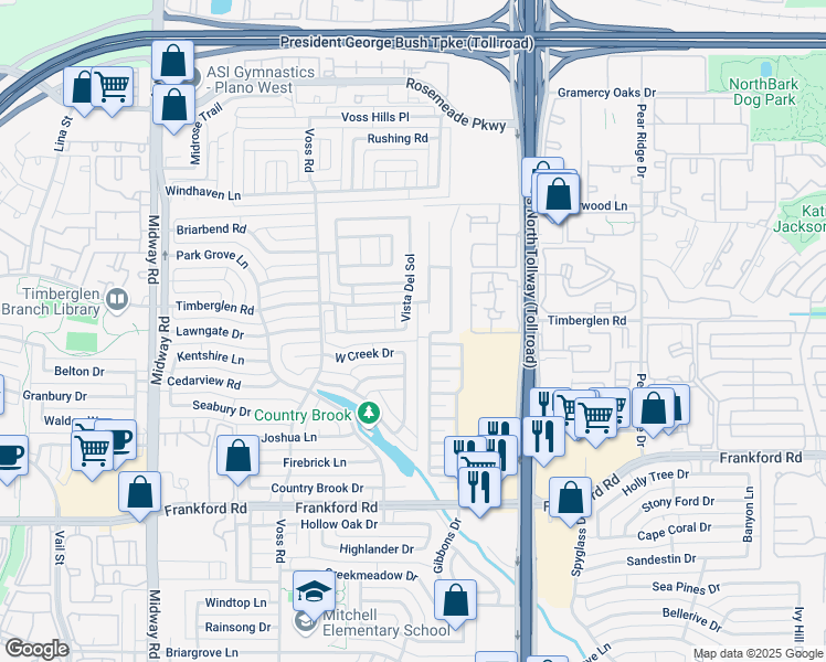 map of restaurants, bars, coffee shops, grocery stores, and more near 18632 Vista Del Sol in Dallas