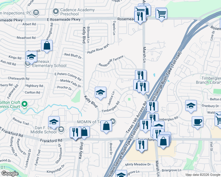 map of restaurants, bars, coffee shops, grocery stores, and more near 18540 Shadow Ridge Drive in Dallas