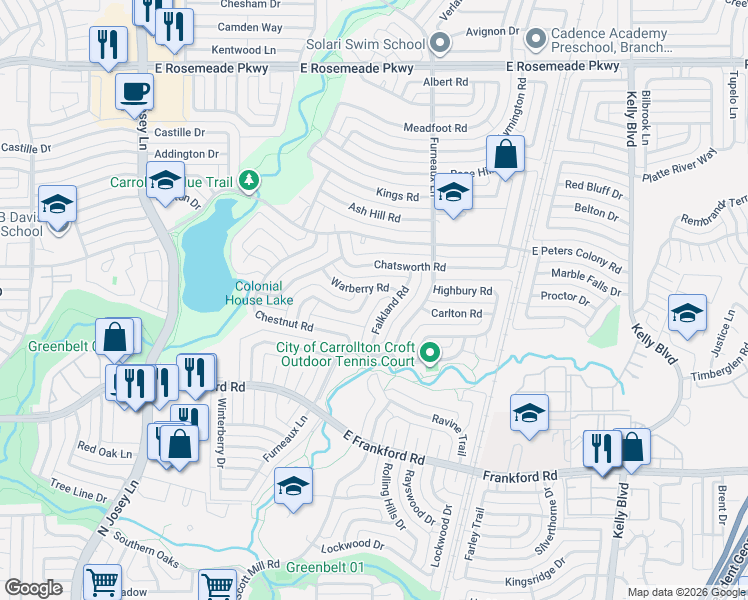 map of restaurants, bars, coffee shops, grocery stores, and more near 3134 Barton Road in Carrollton