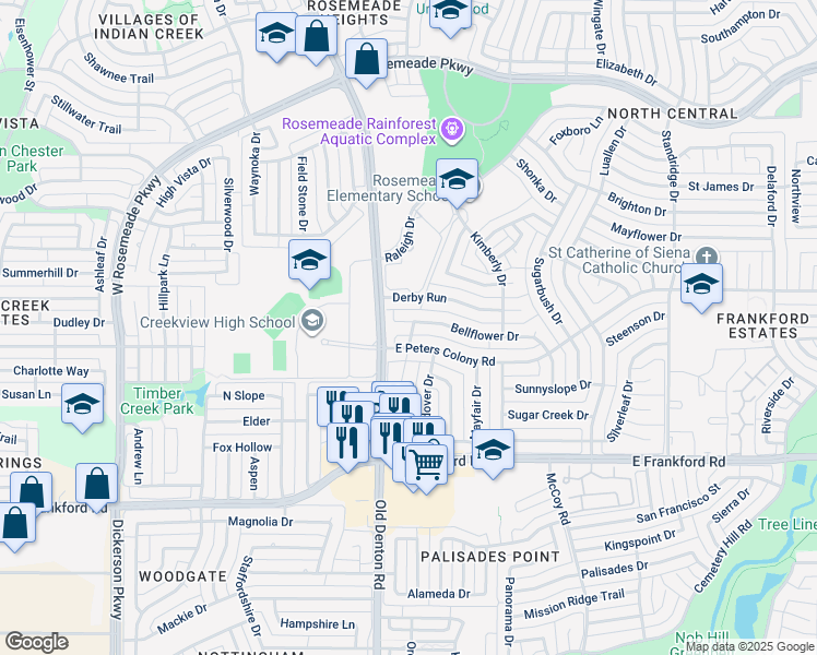 map of restaurants, bars, coffee shops, grocery stores, and more near 1004 Bellflower Court in Carrollton