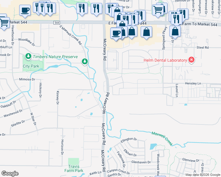 map of restaurants, bars, coffee shops, grocery stores, and more near 600 Sierra Lane in Wylie