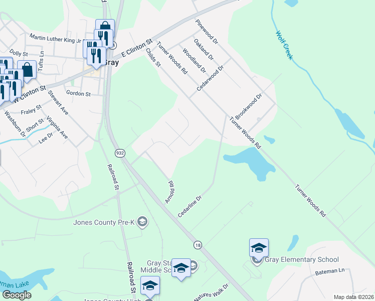 map of restaurants, bars, coffee shops, grocery stores, and more near 155 Office Park Drive in Gray
