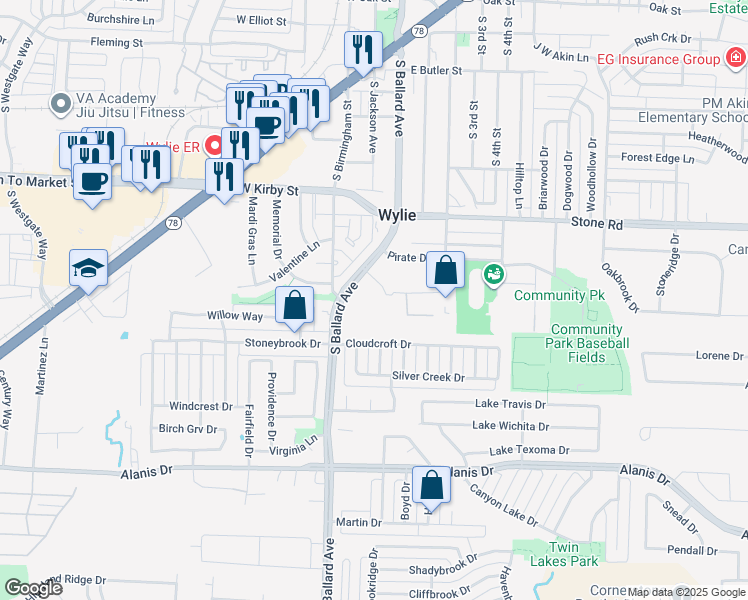 map of restaurants, bars, coffee shops, grocery stores, and more near 1001 South Ballard Avenue in Wylie