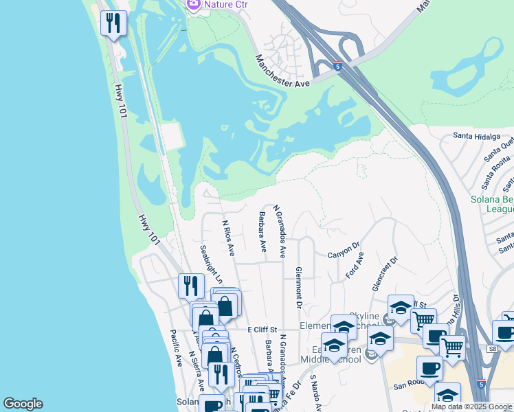 map of restaurants, bars, coffee shops, grocery stores, and more near 779 Barbara Avenue in Solana Beach