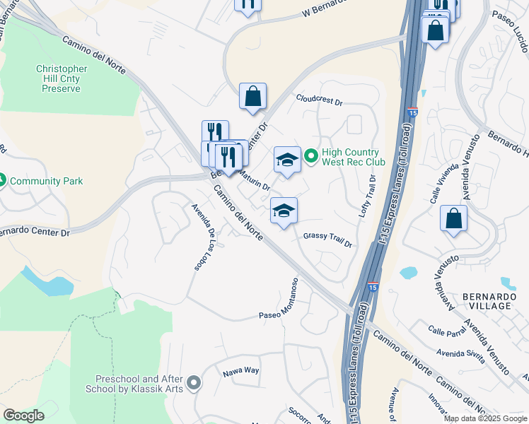 map of restaurants, bars, coffee shops, grocery stores, and more near 15373 Maturin Drive in San Diego