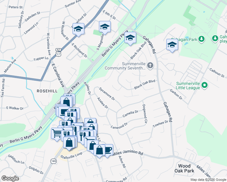 map of restaurants, bars, coffee shops, grocery stores, and more near 105 Long Bow Road in Summerville