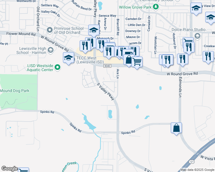 map of restaurants, bars, coffee shops, grocery stores, and more near 2250 South Valley Parkway in Lewisville
