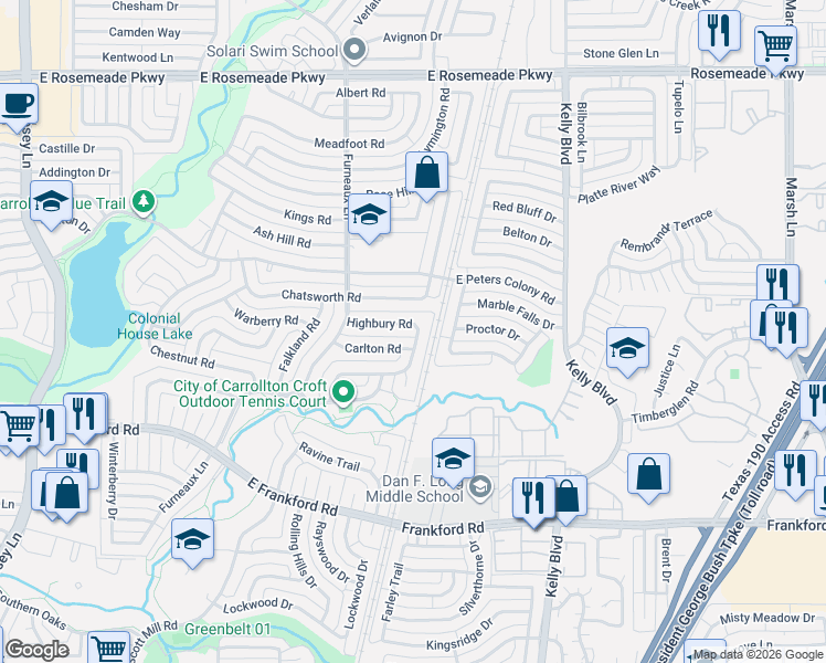 map of restaurants, bars, coffee shops, grocery stores, and more near 3148 Abbey Road in Carrollton