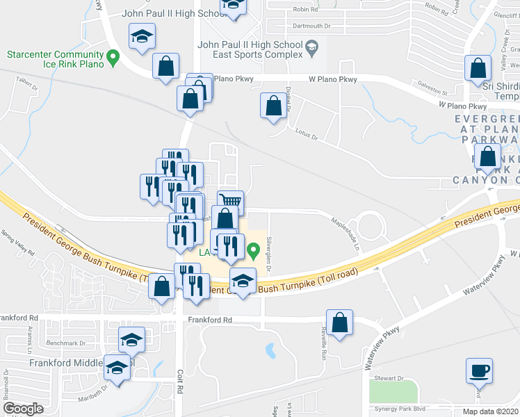 map of restaurants, bars, coffee shops, grocery stores, and more near 3725 Mapleshade Lane in Plano
