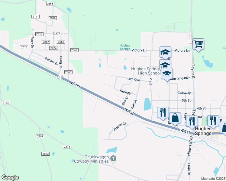 map of restaurants, bars, coffee shops, grocery stores, and more near 1004 West 1st in Hughes Springs