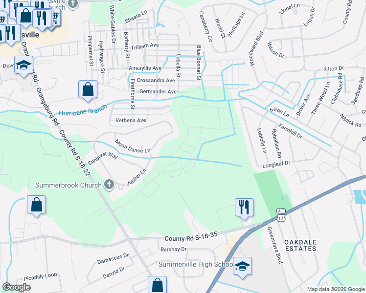 map of restaurants, bars, coffee shops, grocery stores, and more near 193 Moon Dance Ln in Summerville