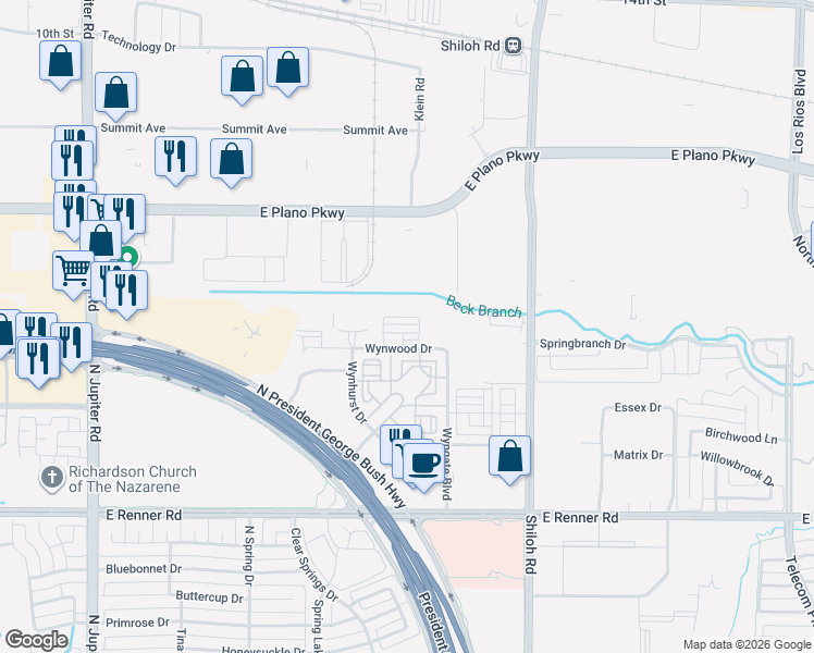 map of restaurants, bars, coffee shops, grocery stores, and more near 3401 Wynwood Drive in Plano