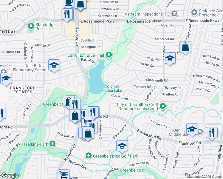map of restaurants, bars, coffee shops, grocery stores, and more near in Carrollton
