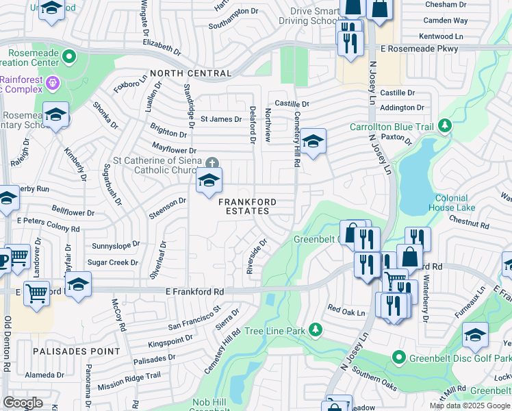 map of restaurants, bars, coffee shops, grocery stores, and more near 3160 Delaford Drive in Carrollton