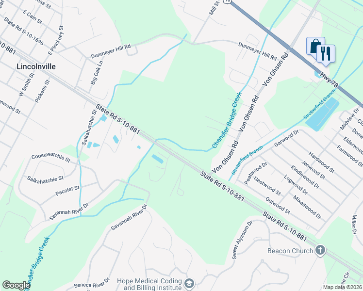 map of restaurants, bars, coffee shops, grocery stores, and more near 10358 Lincolnville Road in Summerville