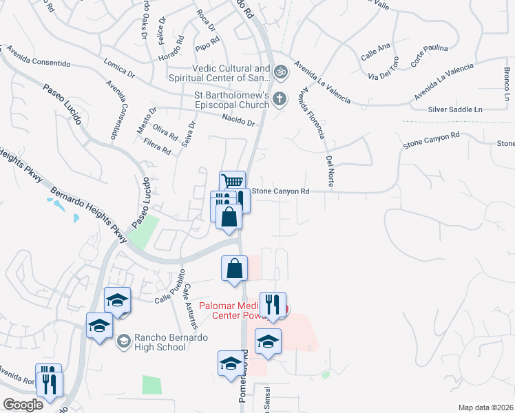 map of restaurants, bars, coffee shops, grocery stores, and more near 15929 Pomerado Road in Poway