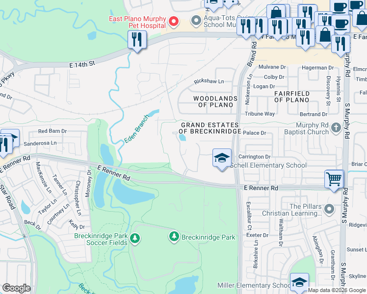 map of restaurants, bars, coffee shops, grocery stores, and more near 3800 Cantera Lane in Richardson