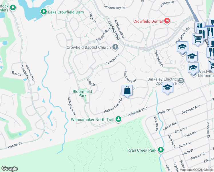 map of restaurants, bars, coffee shops, grocery stores, and more near 204 Challis Court in Goose Creek