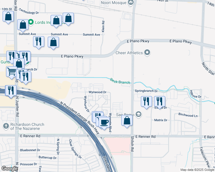 map of restaurants, bars, coffee shops, grocery stores, and more near 3401 Wynwood Drive in Plano