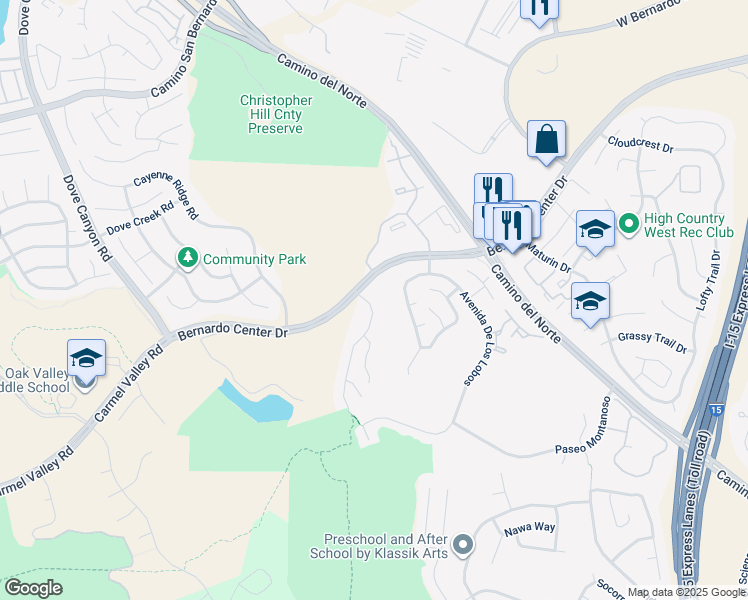 map of restaurants, bars, coffee shops, grocery stores, and more near 15985 Camino Crisalida in San Diego