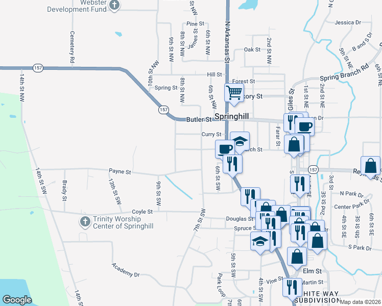 map of restaurants, bars, coffee shops, grocery stores, and more near 705 West Church Street in Springhill