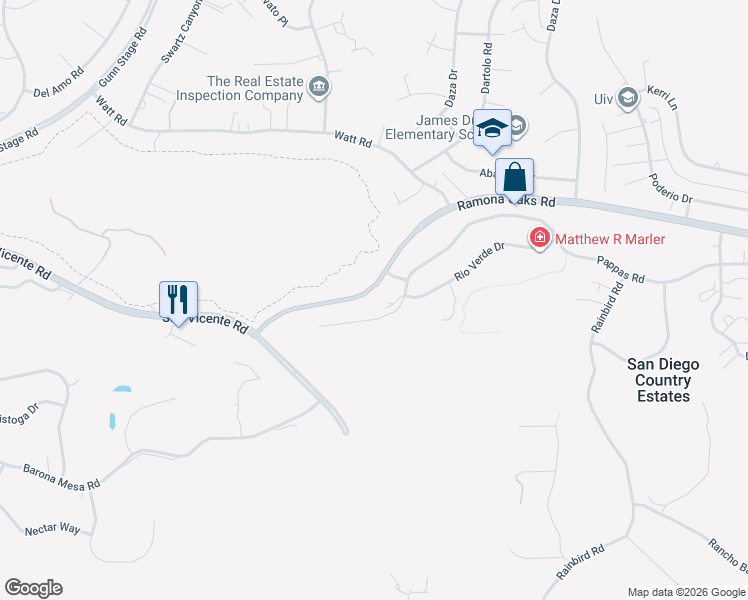 map of restaurants, bars, coffee shops, grocery stores, and more near 24602 Pappas Road in Ramona