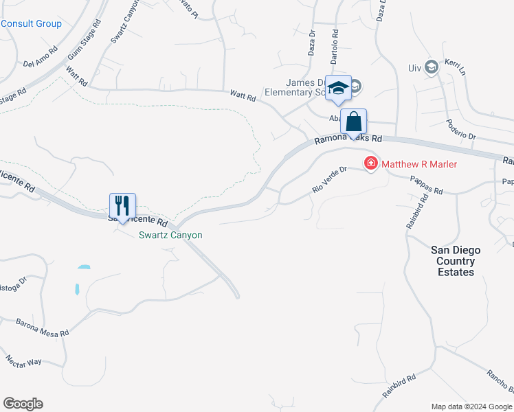 map of restaurants, bars, coffee shops, grocery stores, and more near 24610 Pappas Road in Ramona