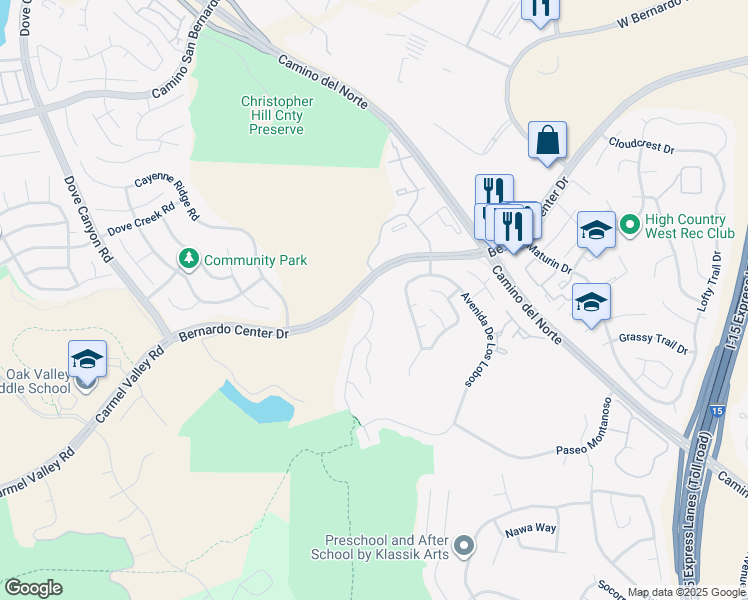 map of restaurants, bars, coffee shops, grocery stores, and more near 15985 Camino Crisalida in San Diego
